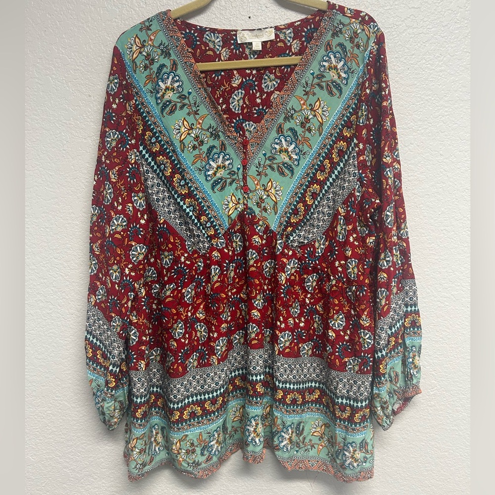Suzanne Betro Red and Teal Floral Boho Peasant Top